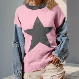0215. Pink Star Sweater with Denim Sleeves